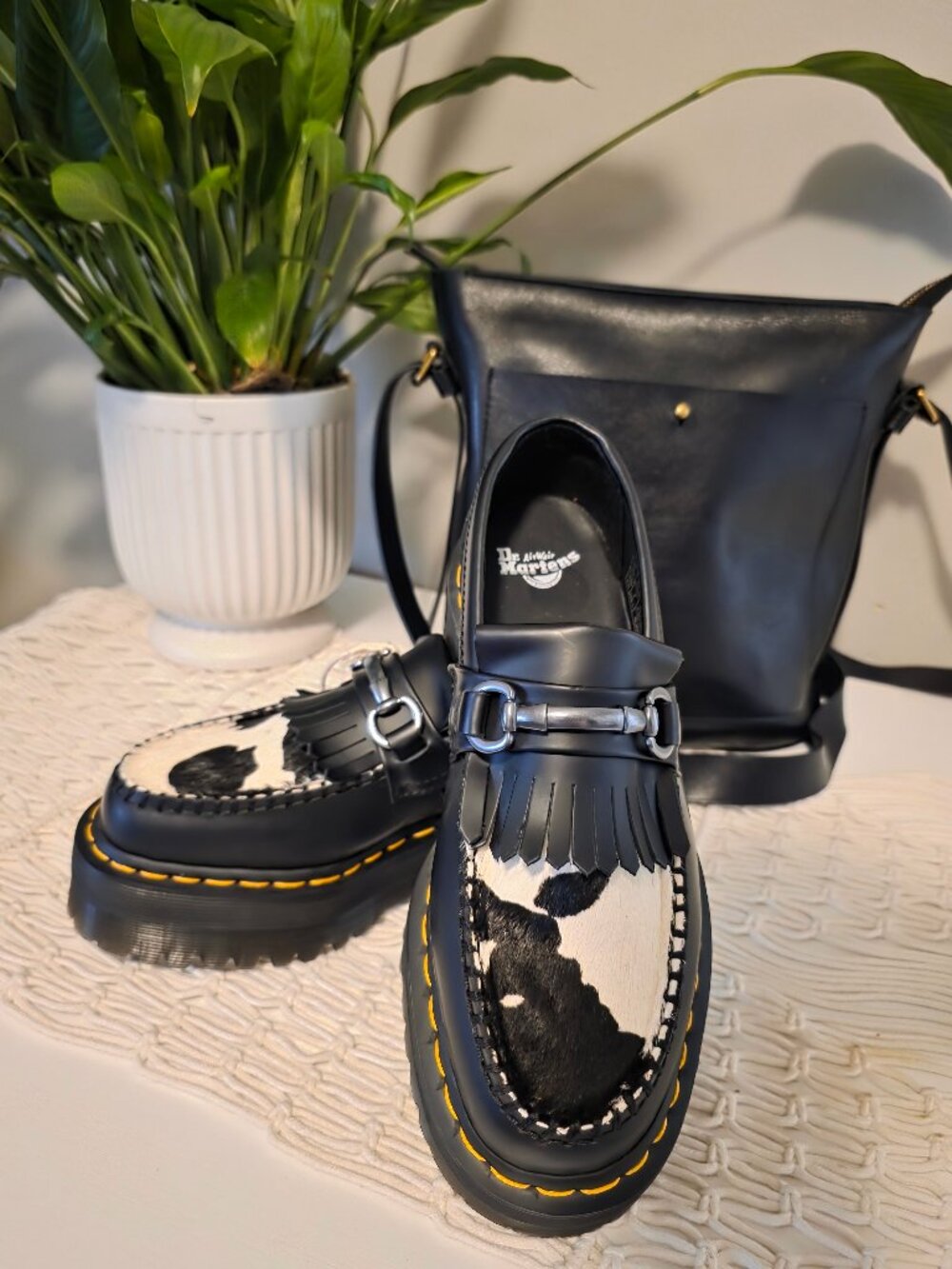 Dr Martens Adrian Snaffle Quad Cow Print Platform Loafers Black Women Size 7